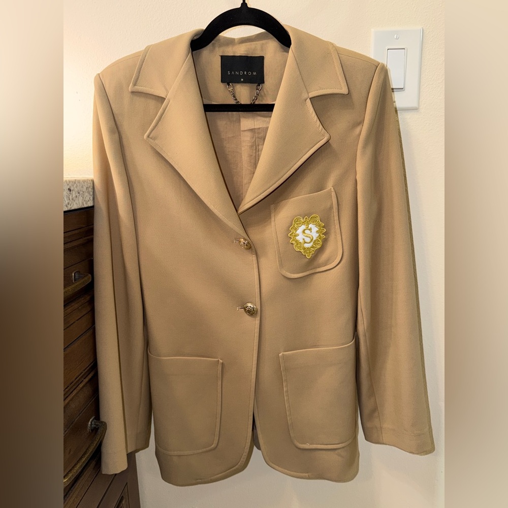 Sandro Camel Blazer with Embroidered Crest